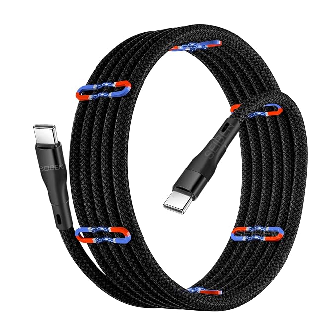 Magnetic Coiled Type C to Type C Cable, 65W / 3.1A Magnetic Coiled MagCable® Nylon Braided for Laptops and Smartphones,