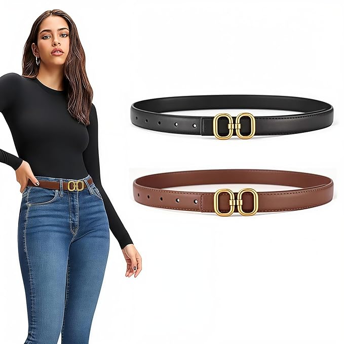 Belt for Women Jeans, Brown & Black Belt for Women Dresses, Fashion Slim Ladies PU Leather Belts for Woman, Chic Gold Metal Loop Buckle
